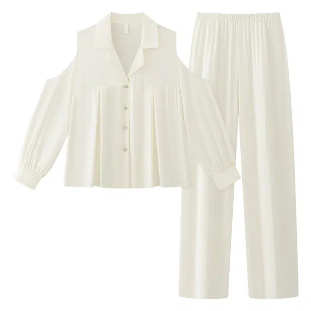 宫蝶 露肩冰丝长袖家居服简约纯色休闲睡衣套装 女款