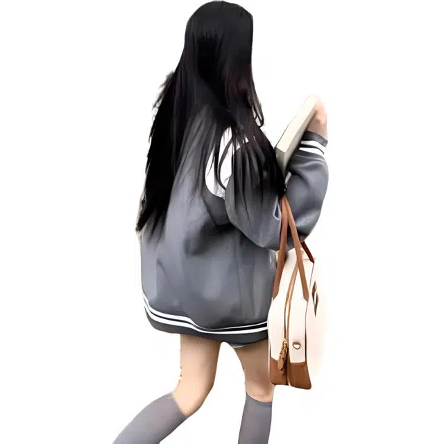花蔓色 美式设计感拼接撞色韩版简约舒适通勤宽松纯色短款高级感休闲百搭复古减龄学院风棒球服 女款 灰色