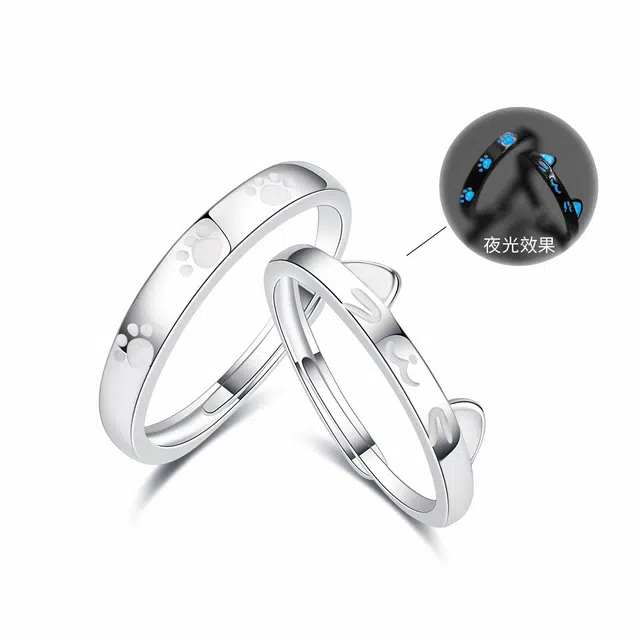 零误差 夜光可爱猫咪 萌宠呆萌手绘可调节设计 休闲日常简约百搭精致 浪漫甜蜜告白配饰 合金 戒指 男女同款情侣款