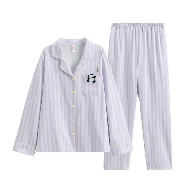 芬腾 纯棉长袖休闲条纹可爱熊猫大码舒适简约家居服睡衣套装 女款 紫色