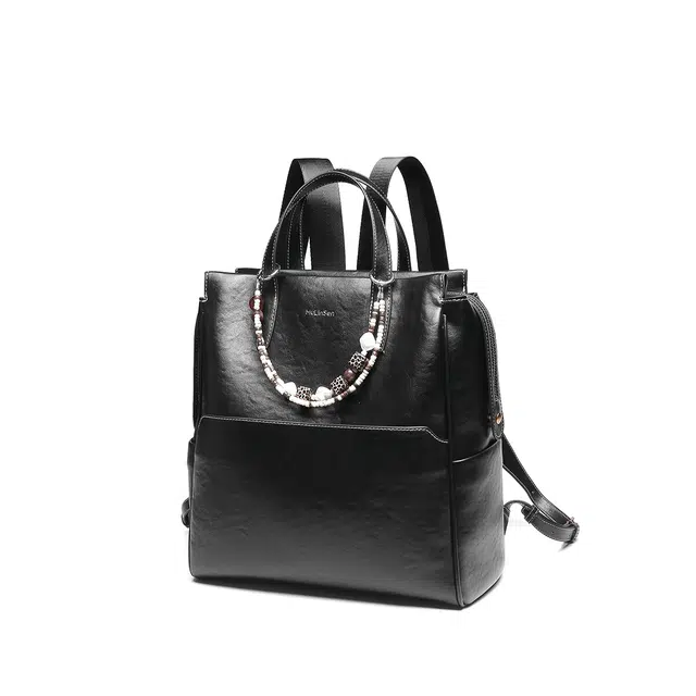 木林森 复古植鞣学院风背包大容量学生书包笔记本电脑包 合成革 双肩包 男女同款情侣款 黑色/浅咖色