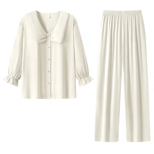 宫蝶 柔软冰丝长袖薄款家居服可外穿休闲开衫纯色简约睡衣套装 女款