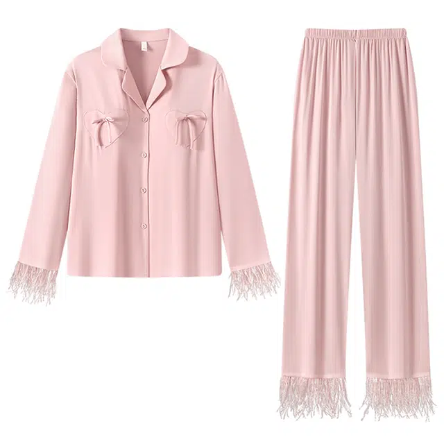 宫蝶 冰丝长袖薄款家居服可外穿休闲开衫纯色简约睡衣套装 女款