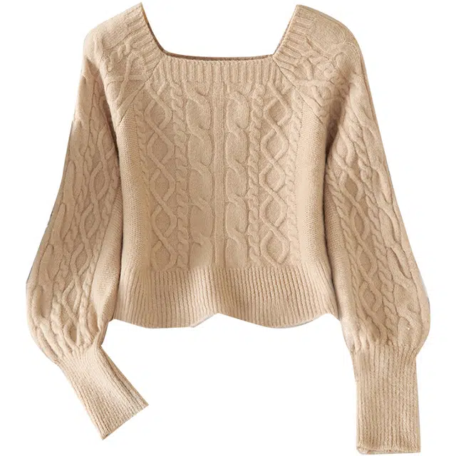 她池 方领新款时尚法式宽松灯笼袖套头针织衫 女款