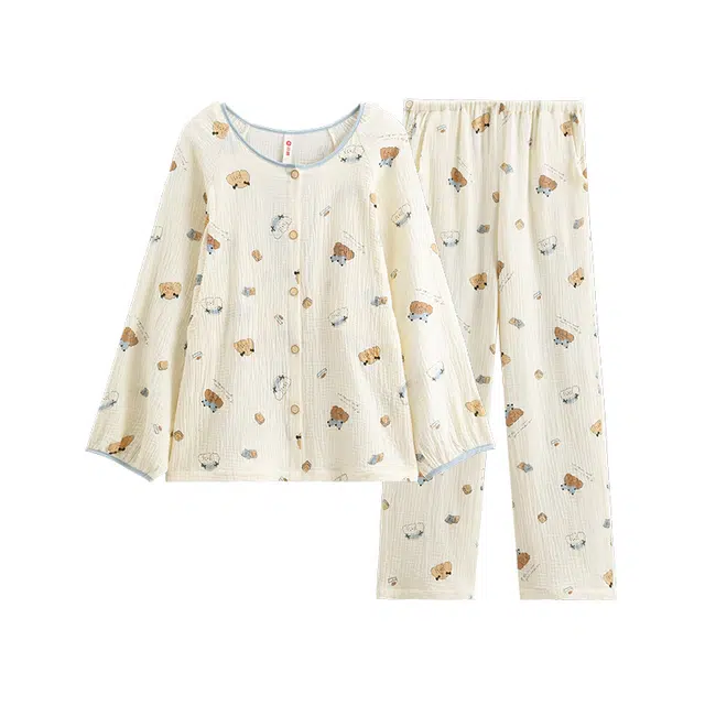 芬腾 卡通休闲舒适月子服长袖长裤家居服睡衣套装 女款 米白