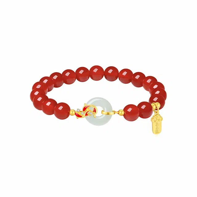 周大生 锦鲤上上签银镶和田玉平安扣转运锦鲤手饰小众新中式百搭显白红饰品上班上学通勤百搭贵气感表白纪念日生日好礼 玛瑙 手串 女款