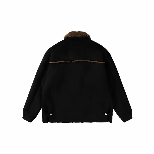 我是大卫 毛绒翻领纯色拼接美式高街复古加厚夹克外套 男女同款 黑色