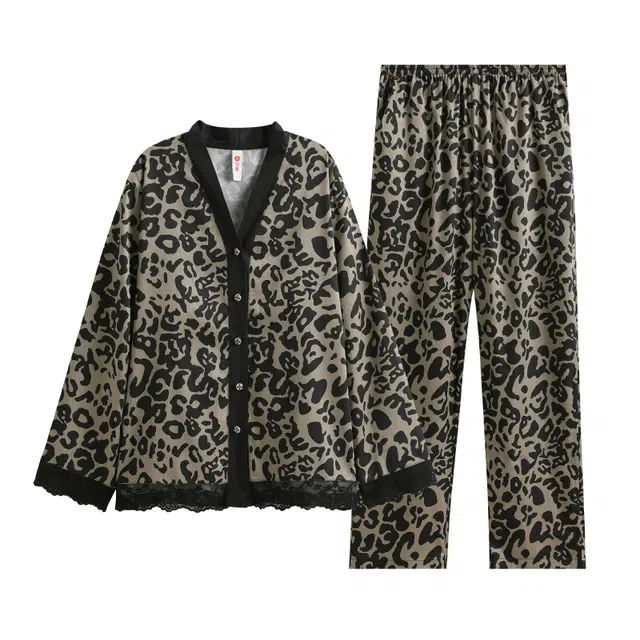 芬腾 豹纹薄款休闲长袖家居服睡衣套装 女款 咖色