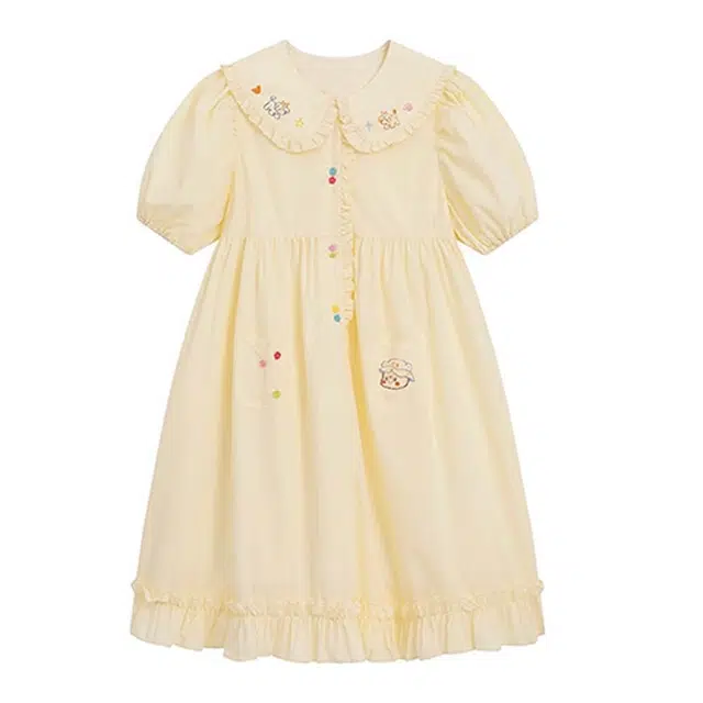 花蔓色 甜系学院风小个子可爱娃娃领宽松减龄收腰显瘦气质短袖时尚连衣裙 女款 黄色单品