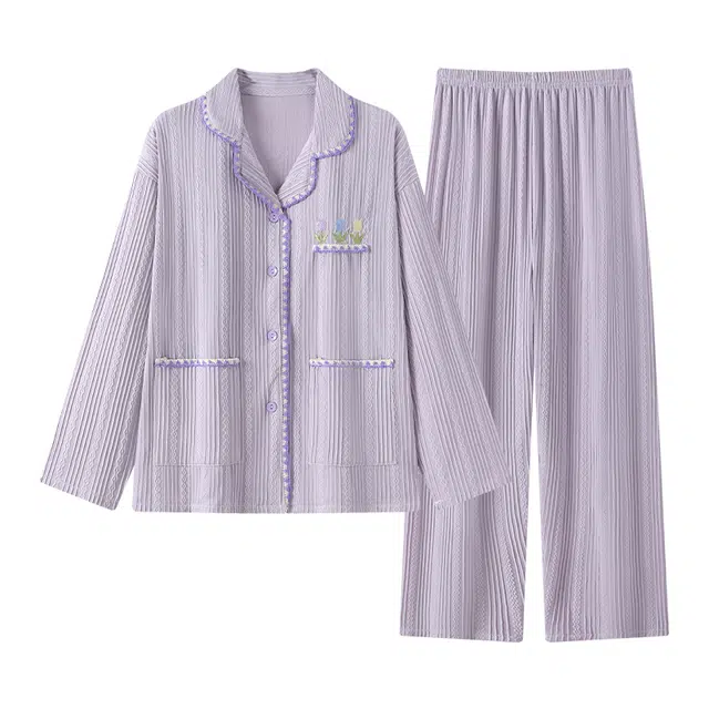 乐姿韵 时尚简约公主风开衫翻领长袖长裤高级感睡衣套装 女款 紫色