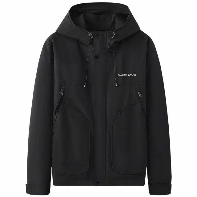 与狼共舞 户外休闲加绒保暖防风多口袋连帽夹克外套 男款 黑色