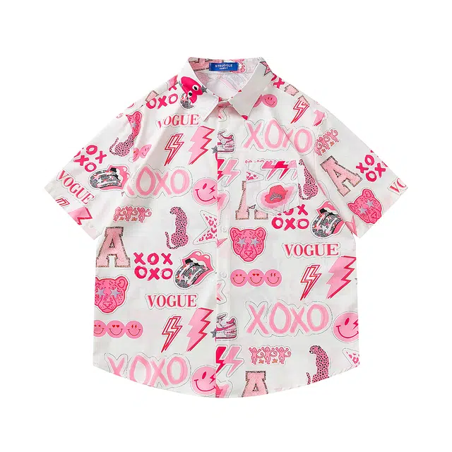 俞兆林 卡通字母涂鸦趣味满印宽松短袖衬衫 女款 粉色