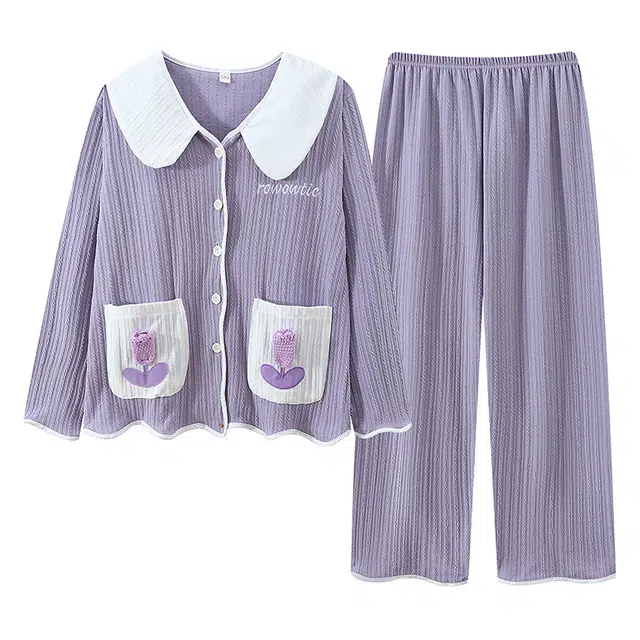 俞兆林 高级感可爱娃娃领休闲开衫长袖长裤家居服可外穿睡衣套装 女款 紫色