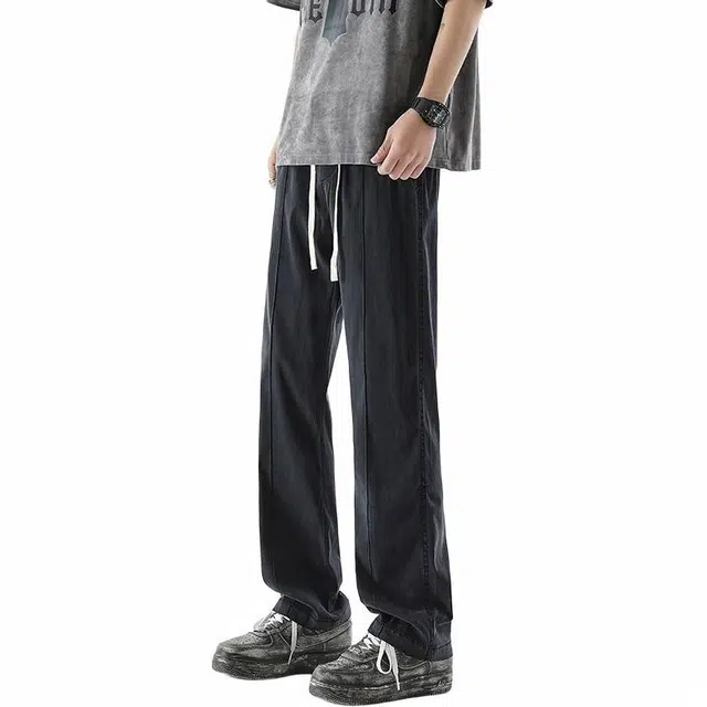 八哥 美式复古高街超薄冰丝速干简约基础款高腰直筒阔腿拖地休闲长裤松紧抽绳百搭凉感牛仔裤 男女同款