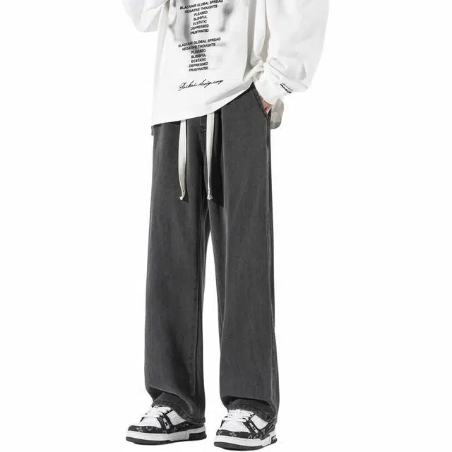 八哥 美式复古高街基础款水洗做旧中腰系带修身直筒阔腿百搭弹力黄泥染薄款牛仔裤 男女同款