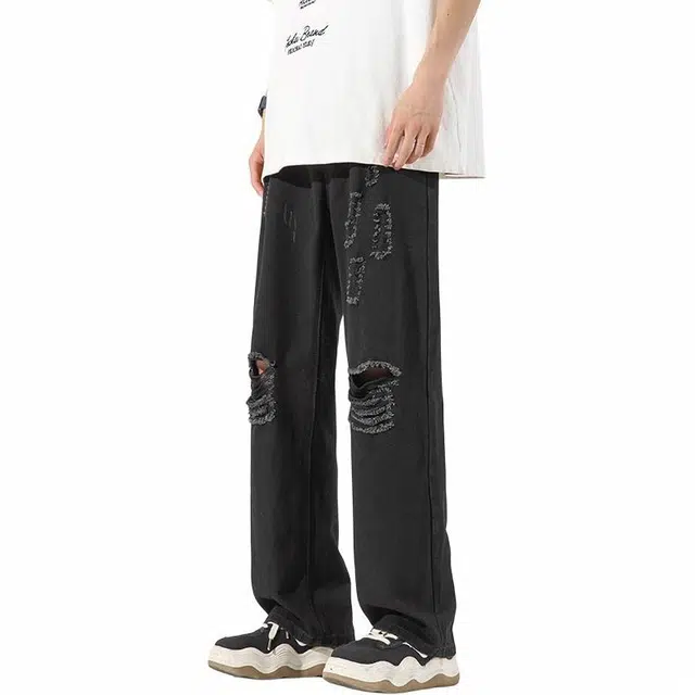 八哥 美式复古基础款水洗做旧中腰系带修身直筒阔腿微喇百搭弹力黄泥染薄款破洞牛仔裤 男女同款