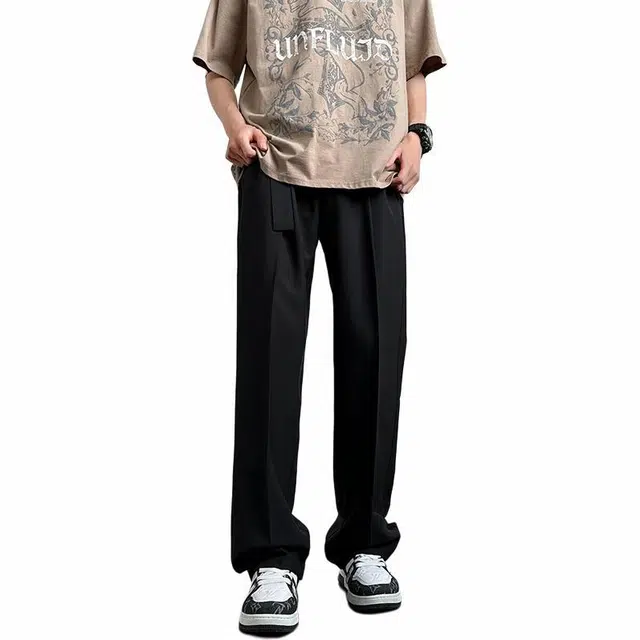 八哥 美式复古高街简约基础款冰丝速干凉感直筒阔腿拖地长裤百搭宽松透气抽绳松紧休闲裤 男女同款