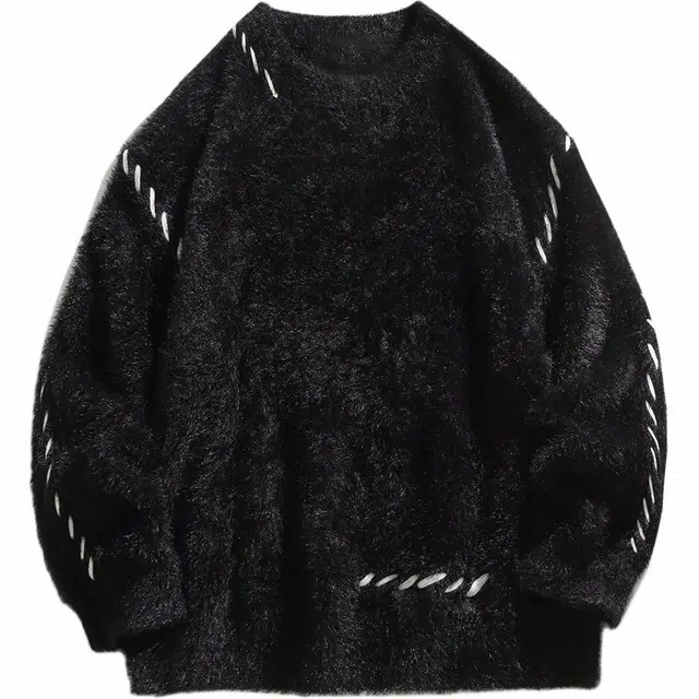 软糯舒适加绒加厚保暖慵懒风设计感高级宽松休闲百搭打底针织学院风潮流圆领落肩套头毛衣 男女同款