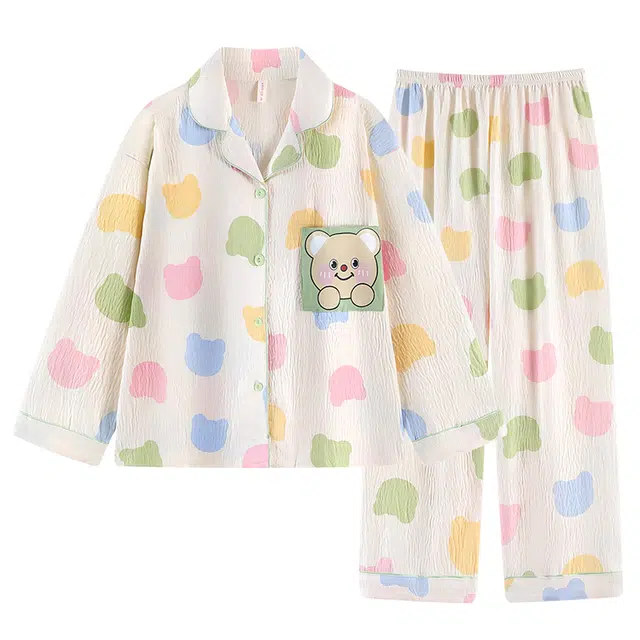 乐姿韵 小熊满印卡通口袋翻领亲肤透气睡衣套装 女款 图片色