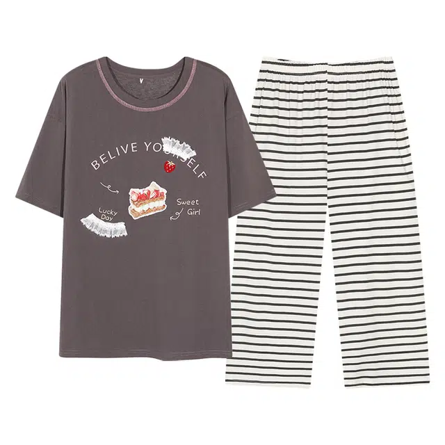 夏芬妍 简约大方柔软草蛋糕条纹裤圆领家居服亲肤休闲舒适短袖七分裤可外穿睡衣套装 女款 棕色