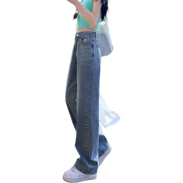 惟熙 阔腿高腰宽松垂感拖地百搭牛仔裤 女款 蓝色