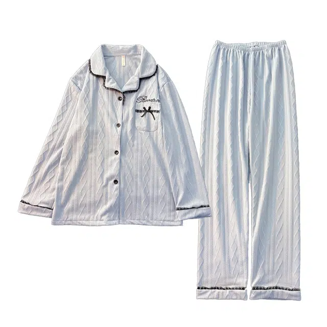 乐姿韵 简约时尚柔软亲肤翻领长袖长裤舒适家居服睡衣套装 女款 蓝色