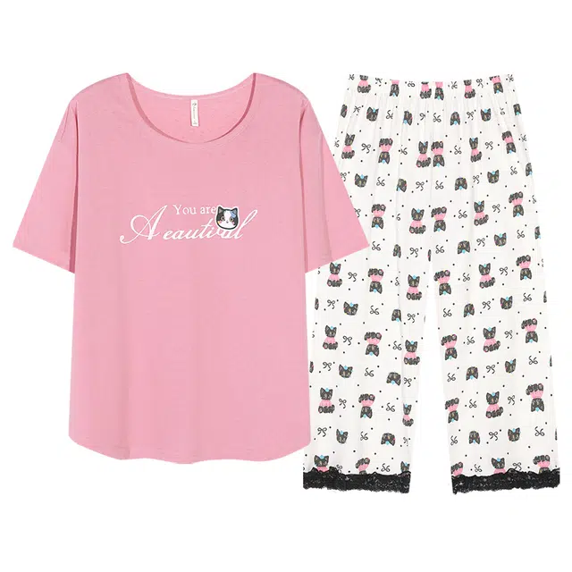 夏芬妍 简约大方柔软蝴蝶结猫咪圆领家居服亲肤休闲舒适短袖七分裤可外穿睡衣套装 女款 粉色