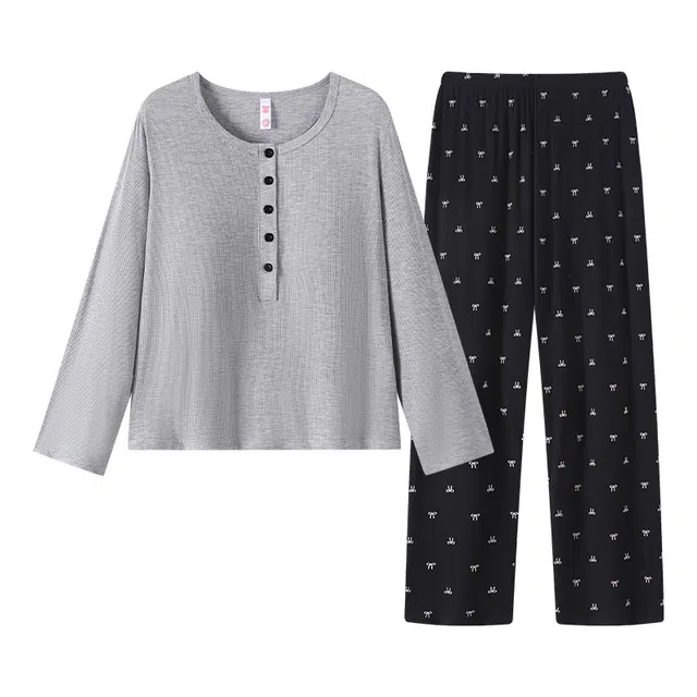 宫蝶 长袖甜美风家居服可外穿休闲简约睡衣套装 女款 灰色