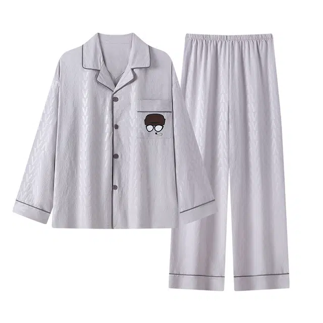 乐姿韵 舒适亲肤简约时尚翻领长袖长裤家居服休闲睡衣套装 男款 浅灰色