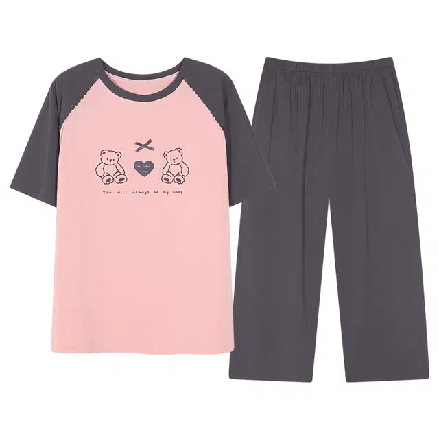 夏芬妍 时尚柔软亲肤圆领家居服简约休闲舒适短袖七分裤可外穿睡衣套装 女款 深灰色