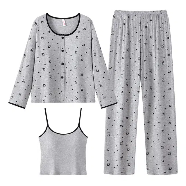 宫蝶 休闲甜美风家居服三件套小清新可外穿睡衣套装 女款