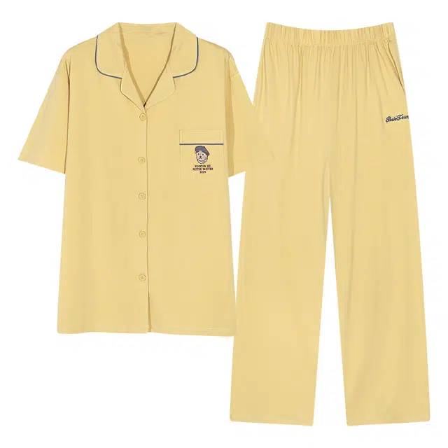 夏芬妍 时尚柔软亲肤戴帽小熊翻领开衫家居服简约休闲舒适短袖长裤可外穿睡衣套装 女款 杏黄色