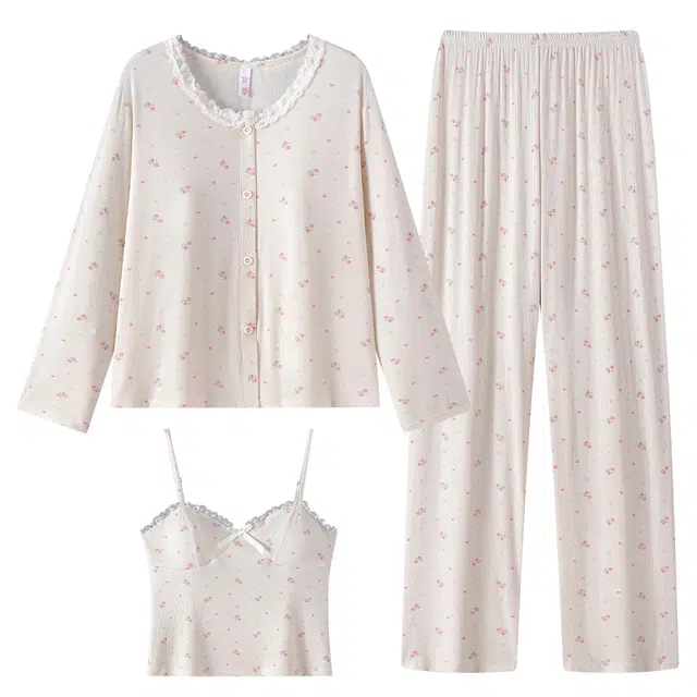 宫蝶 休闲甜美风家居服三件套小清新可外穿睡衣套装 女款 奶杏色