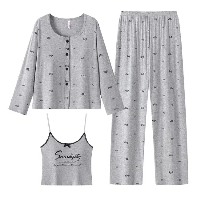 宫蝶 甜美风家居服三件套可外穿小清新休闲睡衣套装 女款 灰色