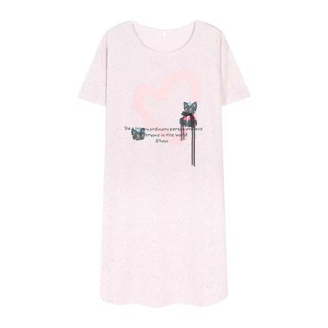 夏芬妍 时尚柔软亲肤爱心小猫圆领家居服简约休闲舒适短袖睡衣可外穿睡裙 女款 浅粉色