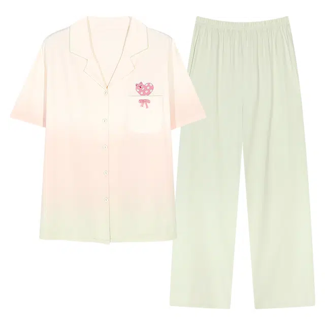 夏芬妍 时尚柔软亲肤爱心渐变色翻领开衫家居服简约休闲舒适短袖长裤可外穿睡衣套装 女款 渐变绿