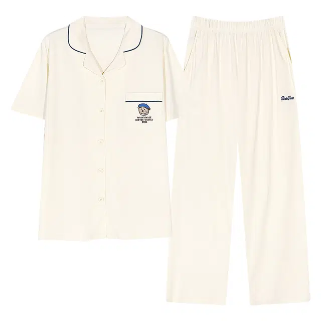 夏芬妍 时尚柔软亲肤戴帽小熊翻领开衫家居服简约休闲舒适短袖长裤可外穿睡衣套装 女款 米黄色