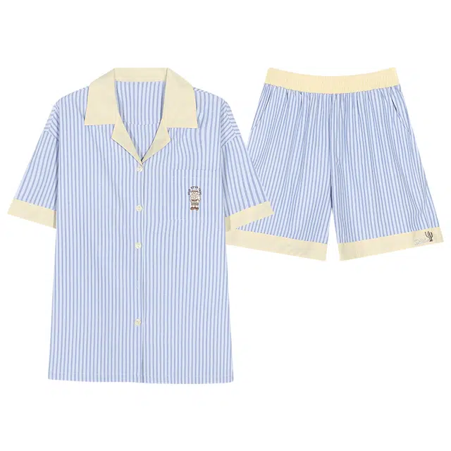夏芬妍 时尚柔软亲肤时尚条纹翻领开衫家居服简约休闲舒适睡衣套装 女款 蓝色