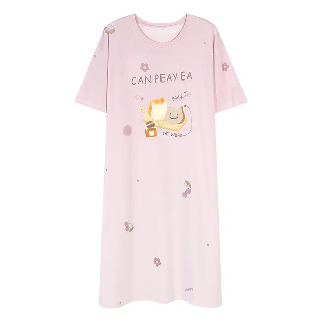 夏芬妍 时尚柔软亲肤面包猫咪圆领家居服简约休闲舒适短袖睡衣可外穿睡裙 女款 浅紫色