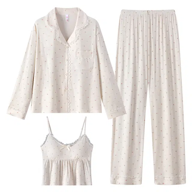 宫蝶 家居服三件套小清新可外穿休闲甜美风睡衣套装 女款 奶杏色