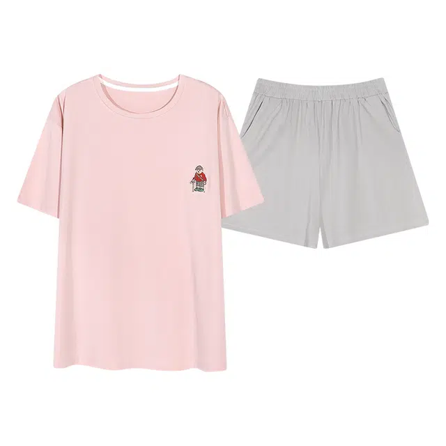 夏芬妍 时尚柔软亲肤纯色圆领家居服简约休闲舒适短袖短裤可外穿睡衣套装 女款 粉色