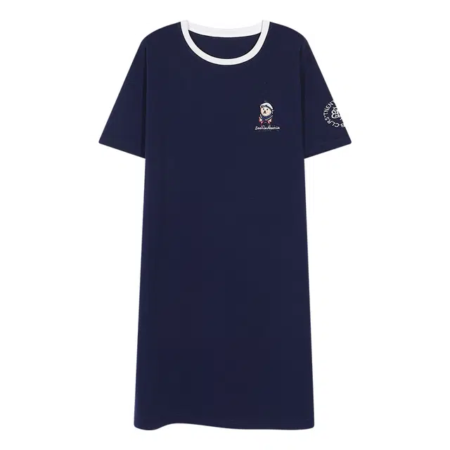 夏芬妍 时尚柔软亲肤海军小熊圆领家居服简约休闲舒适短袖睡衣可外穿睡裙 女款 深蓝色