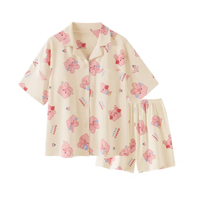 乐姿韵 可爱卡通带胸垫柔软翻领甜美休闲家居服睡衣套装 女款 杏色