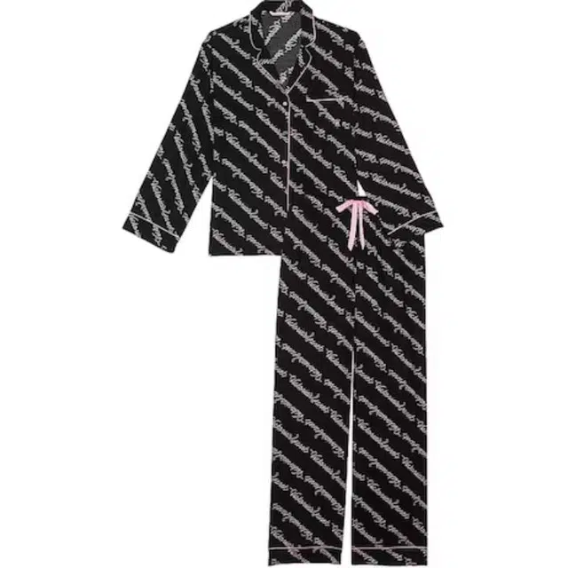 Victoria's Secret Flannel Long Pajama Set Black Ribbon Script