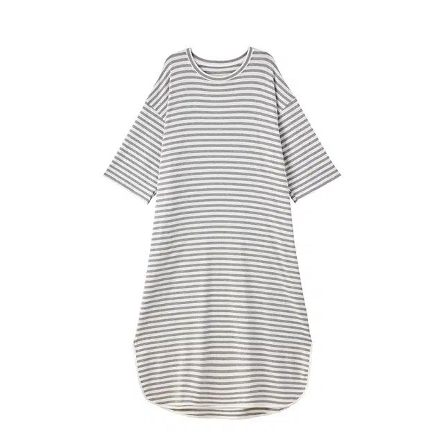 热妒 简约时尚带胸垫五分袖条纹圆领长裙可外穿家居服睡裙 女款 图色
