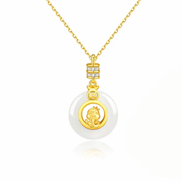 中国黄金 珍·尚银 瑞蛇平安扣吊坠 十二生肖本命年锁骨链 国潮新中式古风锁骨链 小众轻奢 礼盒送礼女友纪念日好运 和田玉项链 青玉 女款