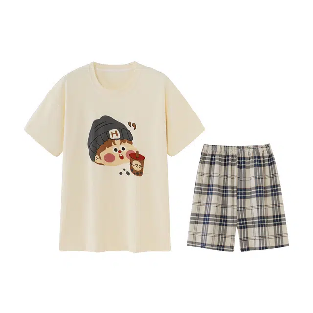 欧诗帛 薄款卡通舒适格子韩版短袖睡衣套装 男款 图片色