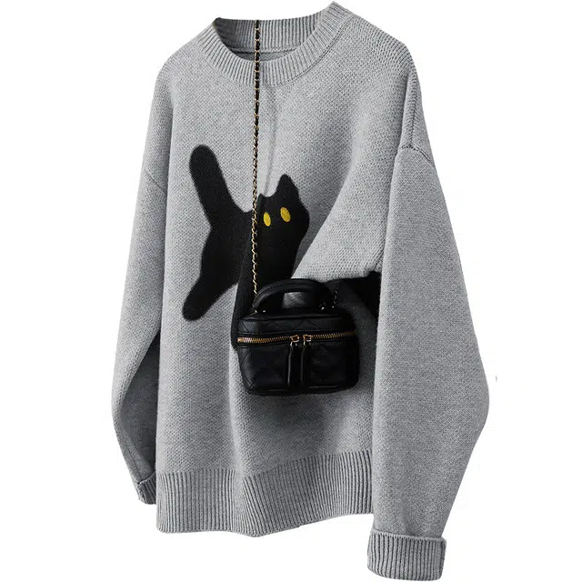 她池 撞色宽松舒适圆领慵懒风毛衣 女款