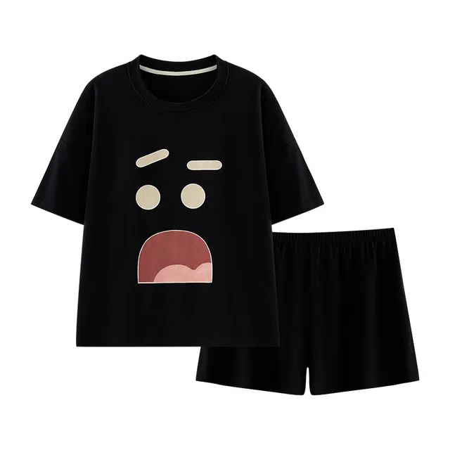 欧诗帛 圆领简约舒适休闲上衣中腰三分裤睡衣套装 女款 黑色