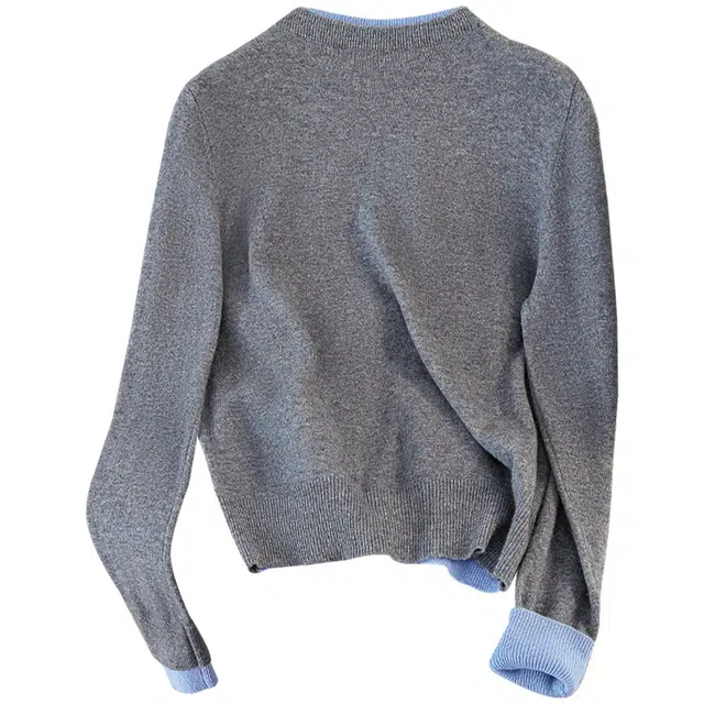 她池 简约圆领拼接撞色短款上衣假两件针织衫 女款 灰色